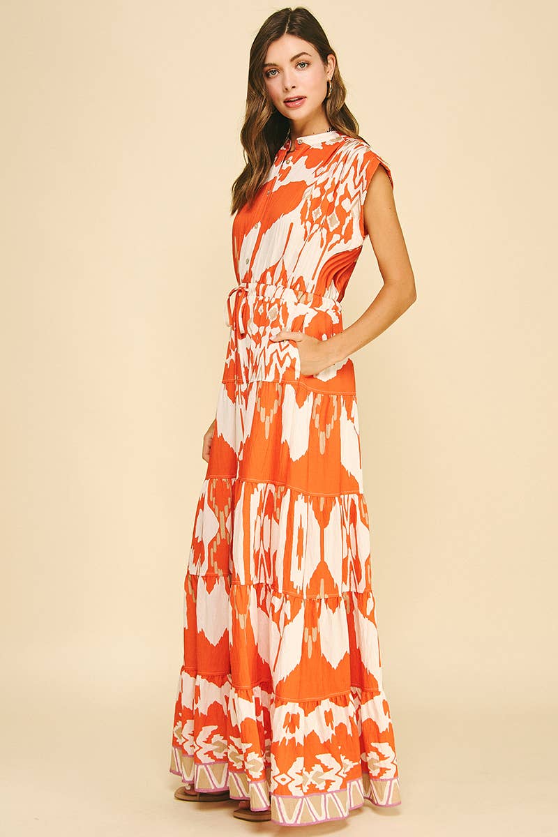 GEOMETRIC PATTERN TIERED MAXI DRESS