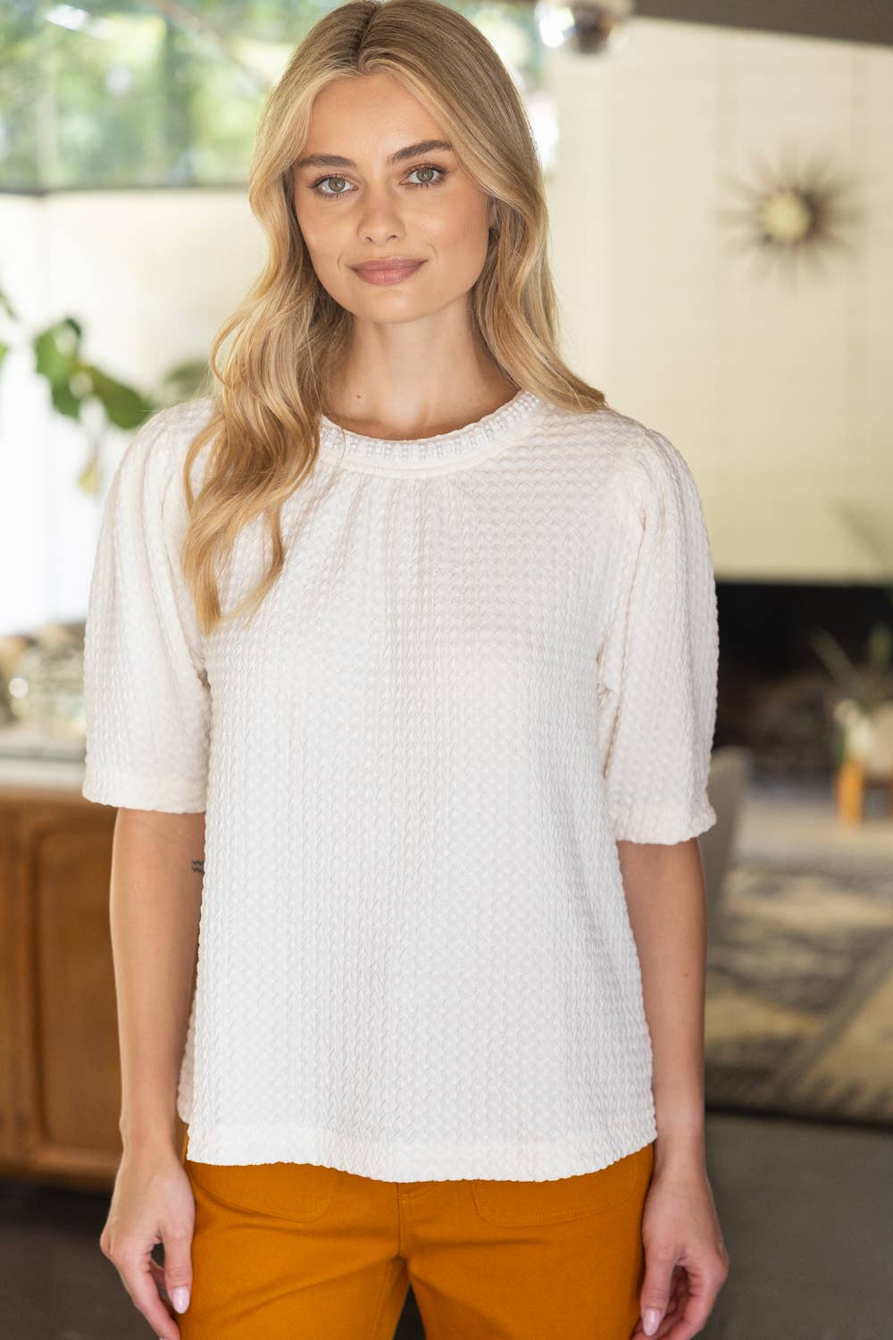 36017 Pearl Neck Trim Textured Solid Knit Top