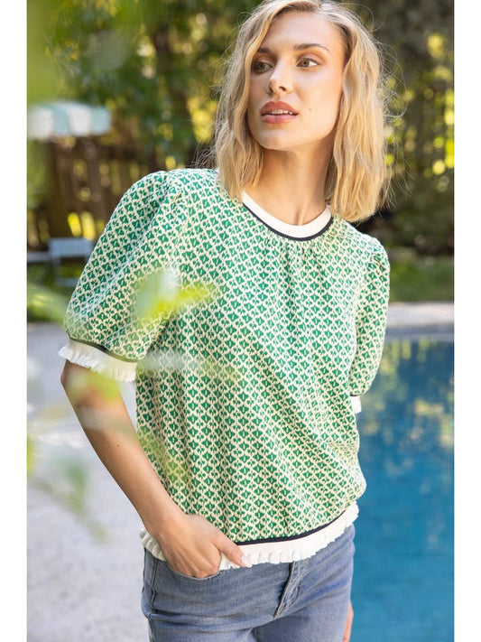 Green Striped Band Detailed Printed Knit Top