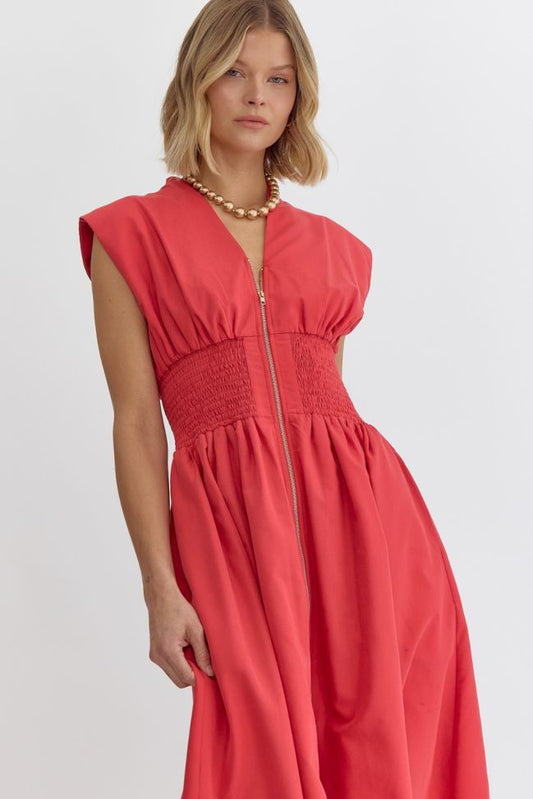 Red Solid V-neck Midi Smock Waist