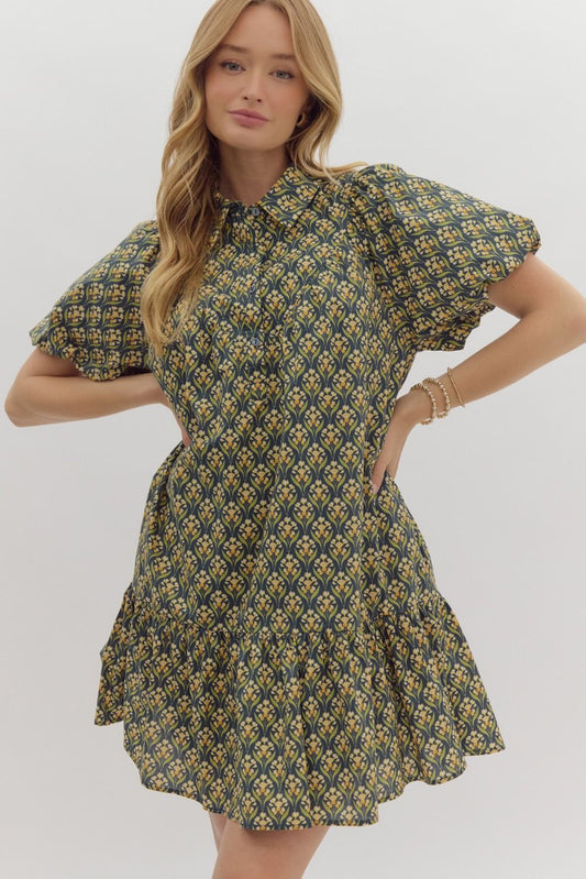 Floral teal puff sleeve dress