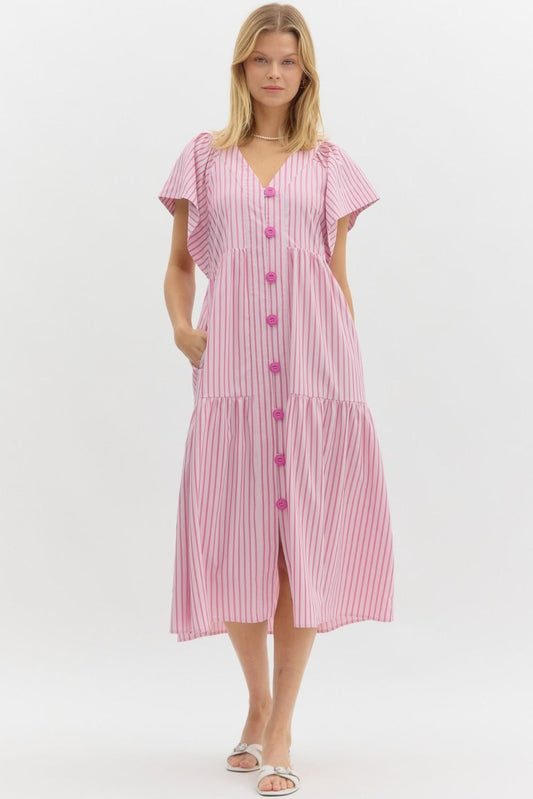Pink Striped Button Midi Dress
