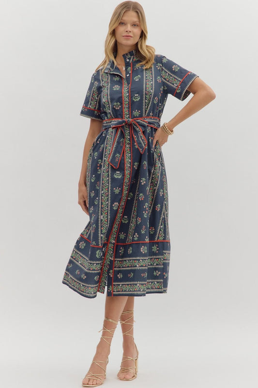 Linear floral pattern navy short short dress