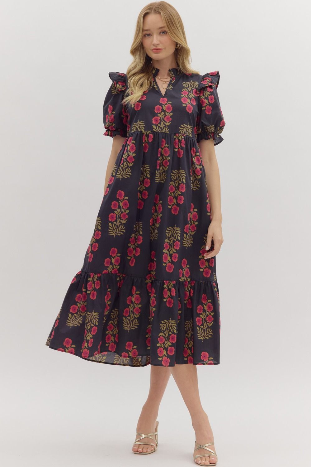 Floral Puff Blk Midi