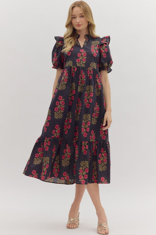 Floral Puff Blk Midi