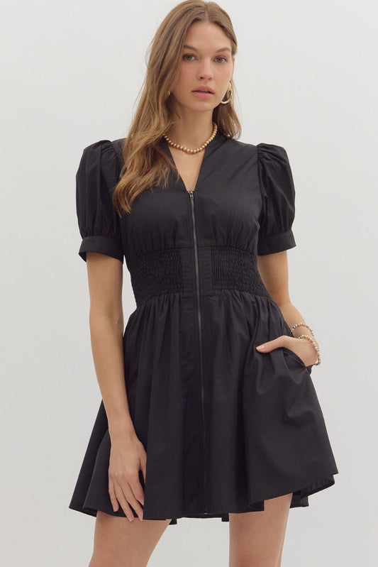 Black smocked waist zip dress