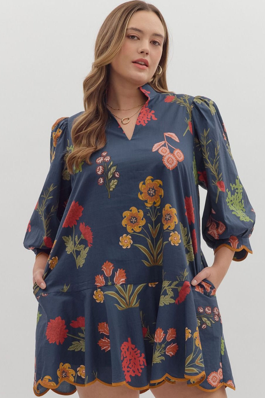 Navy Floral Scallop Hem Dress