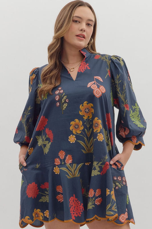 Navy Floral Scallop Hem Dress