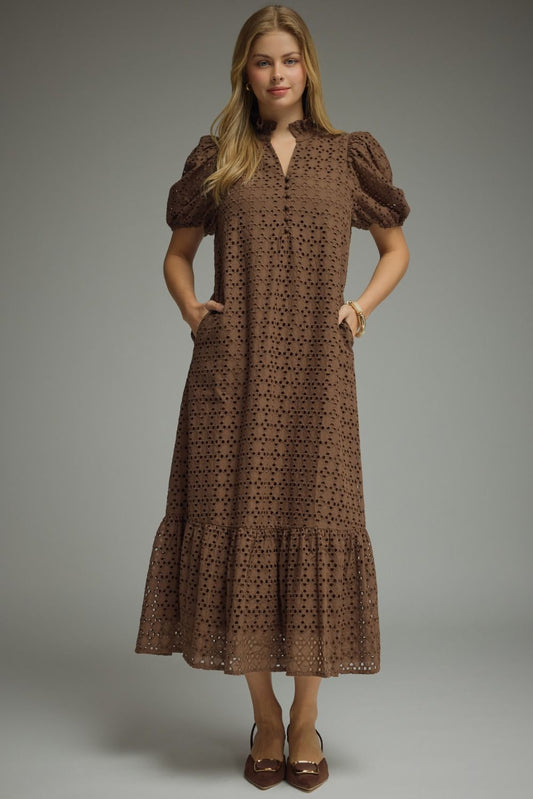 Brown Eyelet Puff Midi Dress