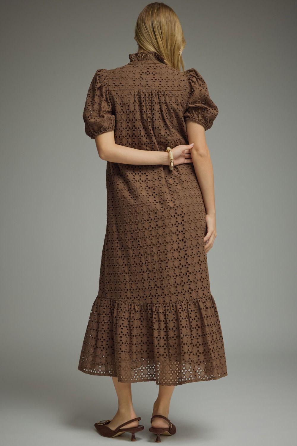 Brown Eyelet Puff Midi Dress