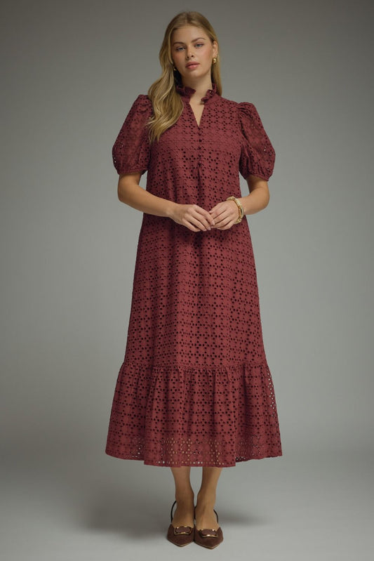 Burgundy Eyelet Puff Midi Dress