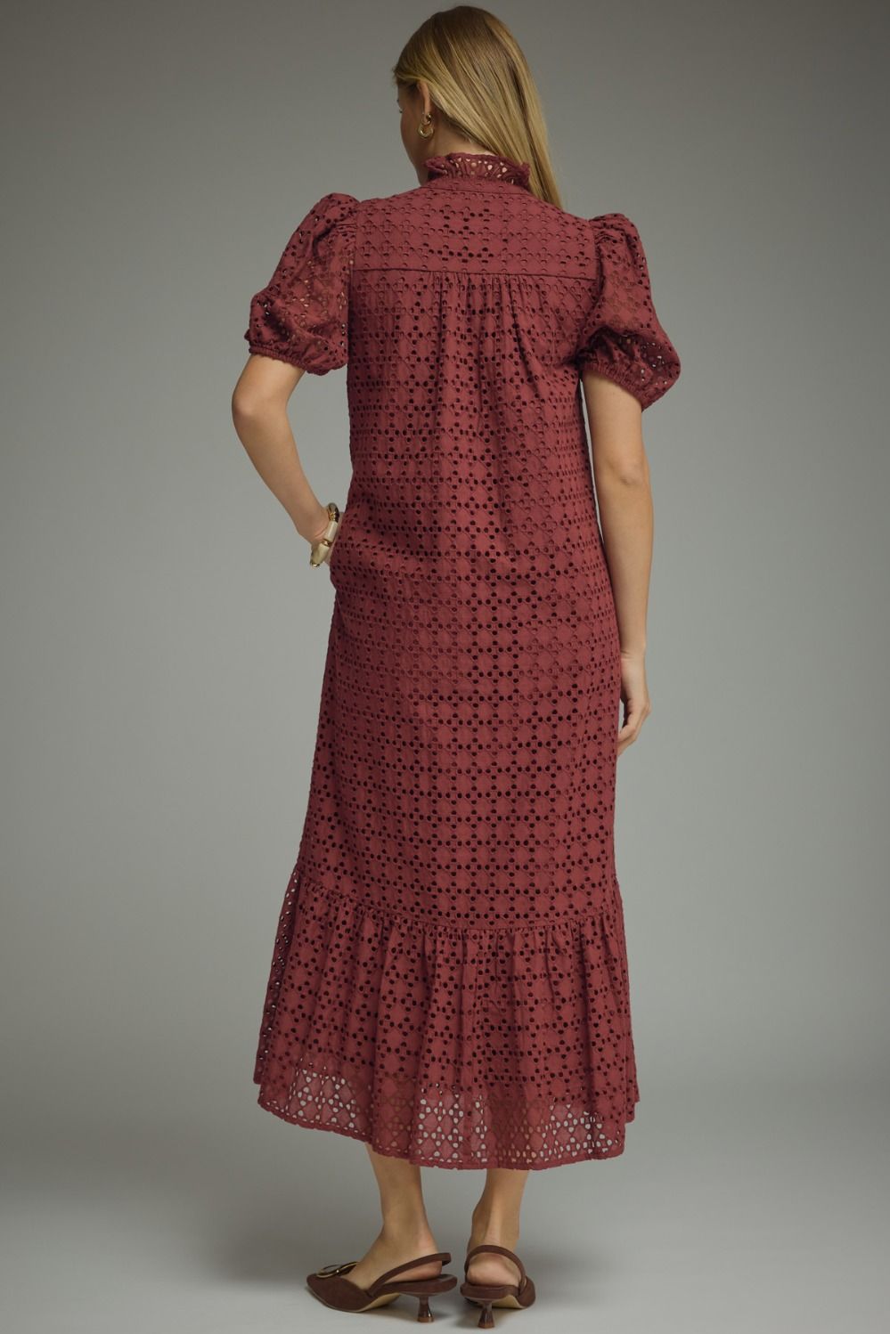 Burgundy Eyelet Puff Midi Dress