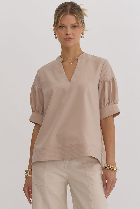 Tan Short Sleeve Top Featuring Stitch Detailing