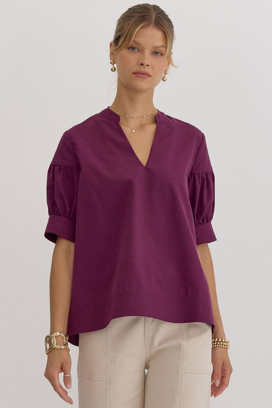 Plum Short Sleeve Top Featuring Stitch Detailing