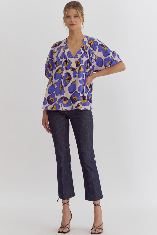 Natural Floral Print V-neck Short Sleeve Top Featuring Stitching