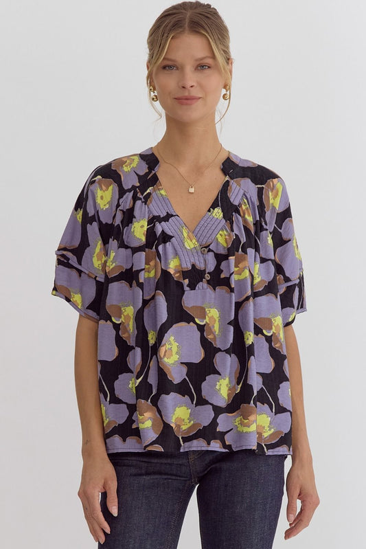 Black Floral Print V-neck Short Sleeve Top Featuring Stitching