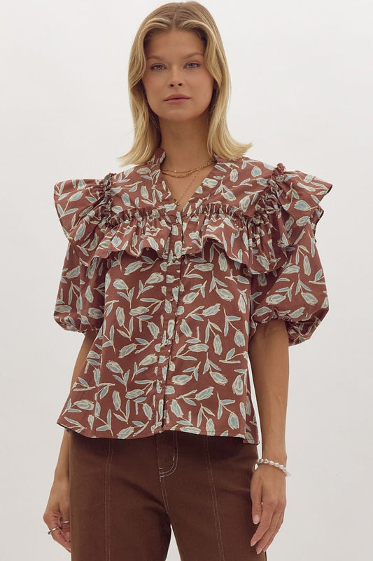 printed button v-neck ss ruffled