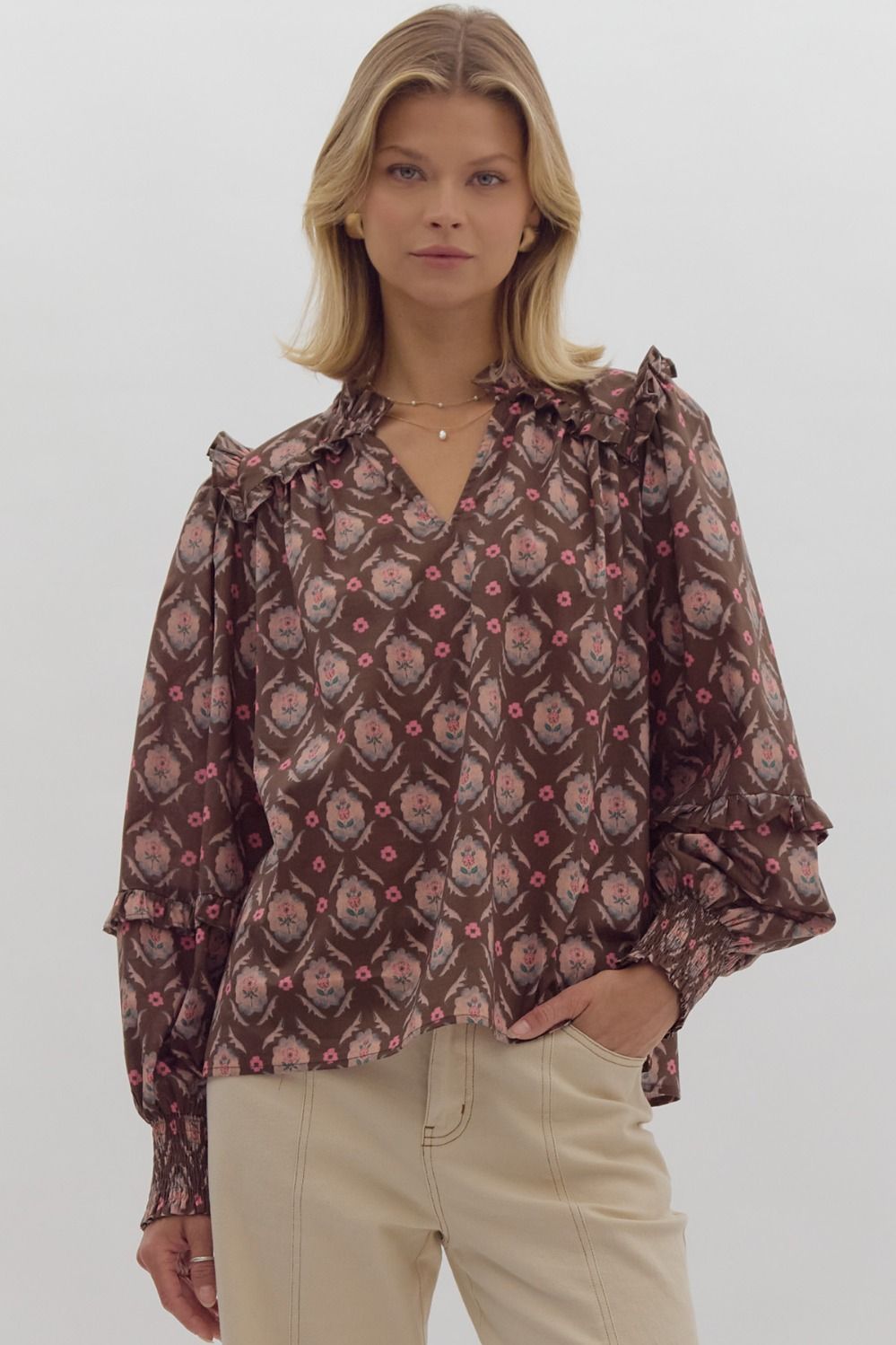 Printed long top featuring trim detail