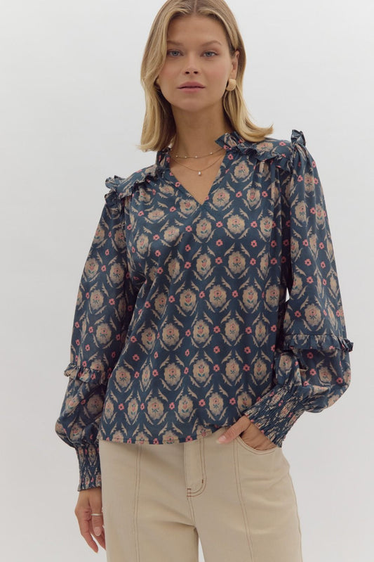 Printed long top featuring trim detail