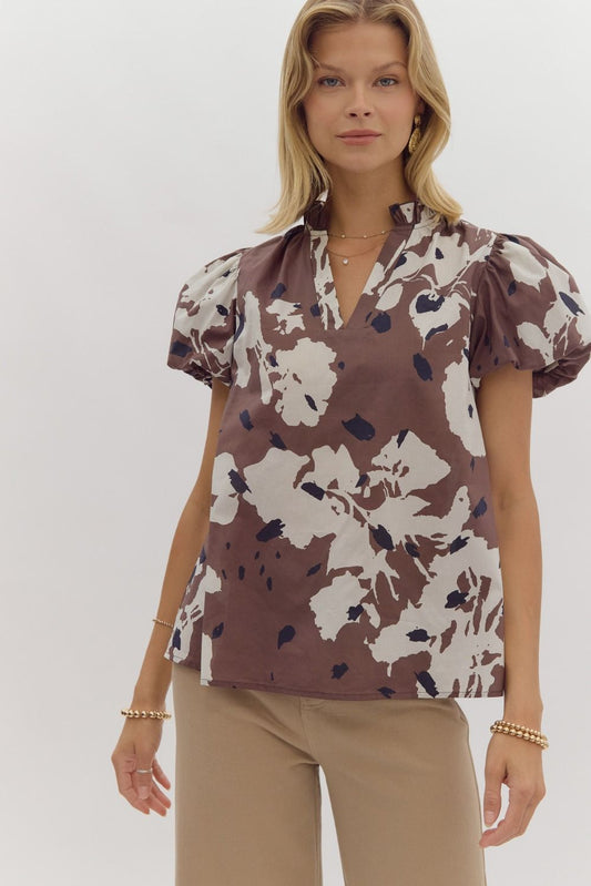 Printed short puff sleeve brown/black