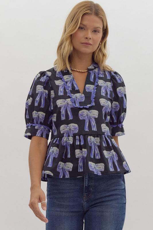 Bow Print Puff Sleeve Top