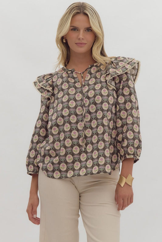 Brown Floral Medallion Poplin Blouse