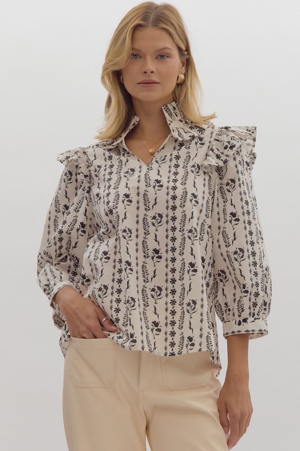 Printed Ruffle High Neck Top