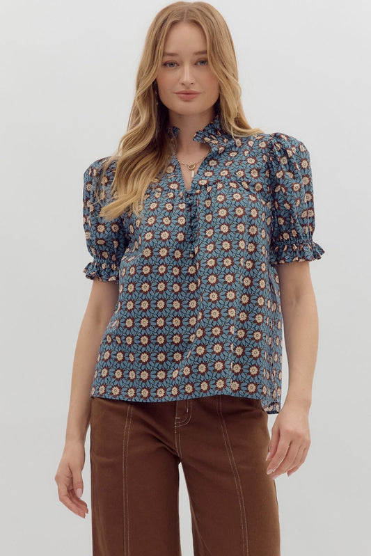 Floral Ruffle Edge V Neck Top