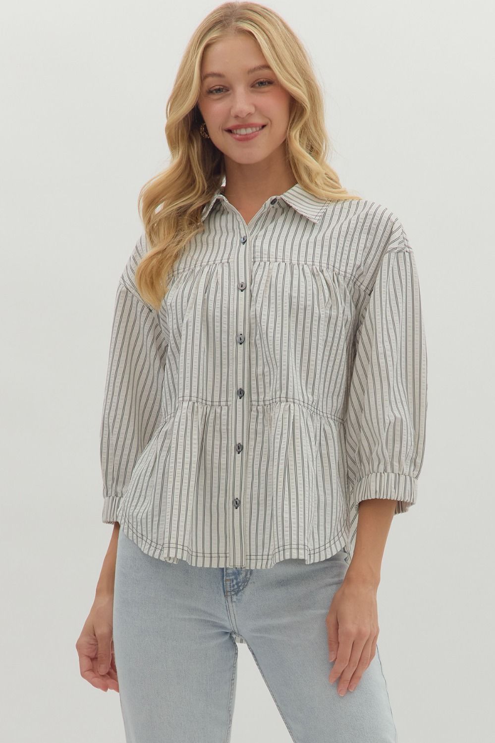 Ecru/Black Striped Collared Shirt