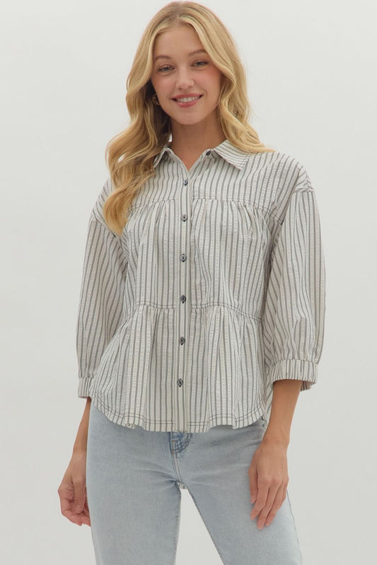 Ecru/Black Striped Collared Shirt