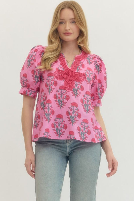 Pink Floral Crochet Blouse