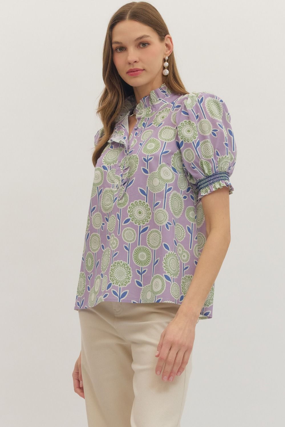 Floral print puff front closure