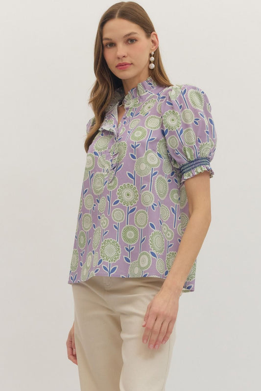 Floral print puff front closure