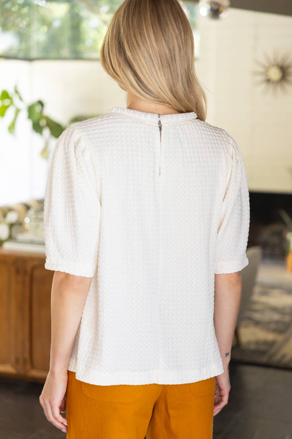 36017 Pearl Neck Trim Textured Solid Knit Top
