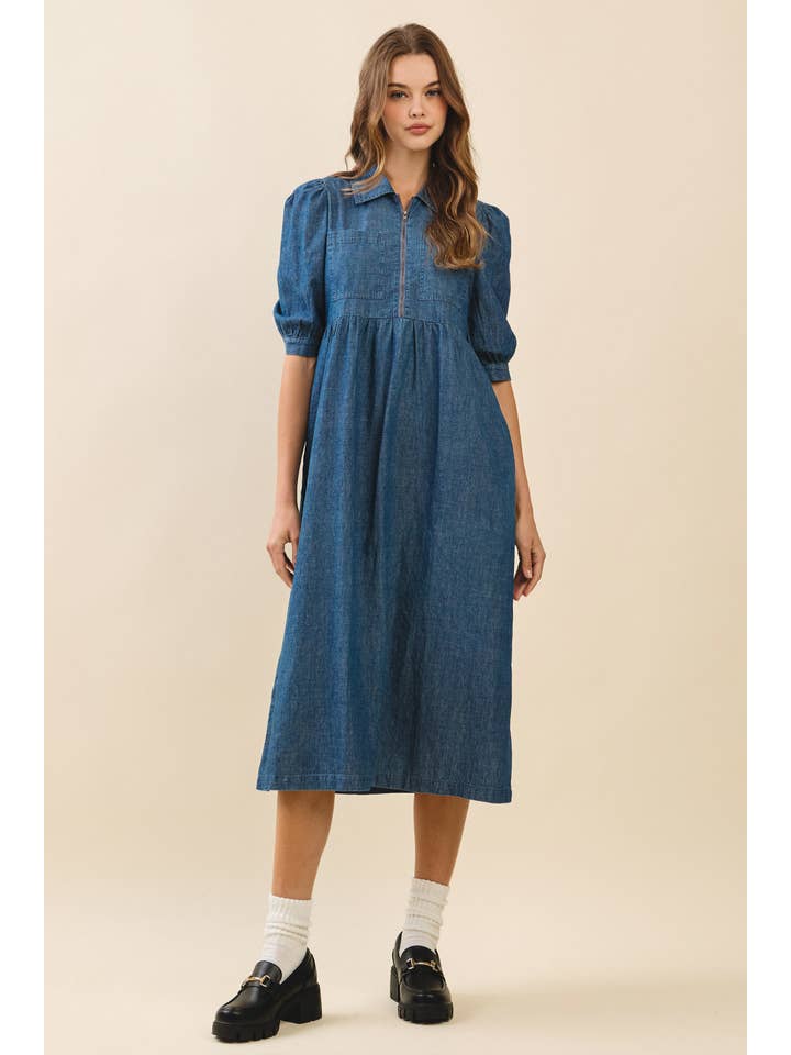 Front Zip Puff Sleeve Denim