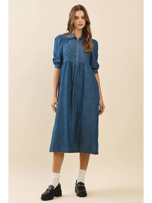 Front Zip Puff Sleeve Denim