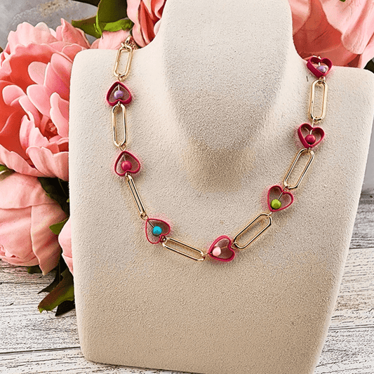 JM Gold Paperclip w/Pink Hearts necklace