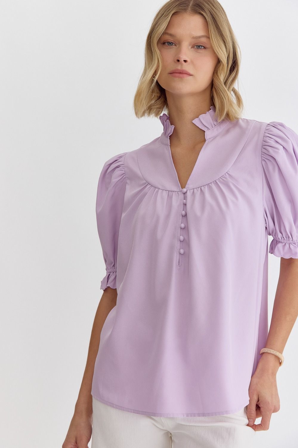 Lavender V-neck Puff Sleeve Top