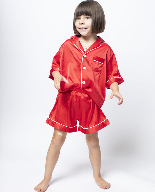 Kids Sweet Red Silky Satin Pajamas