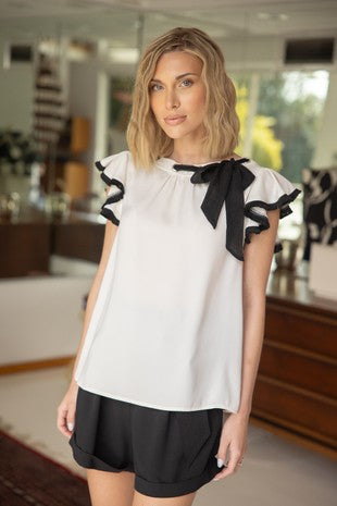 Ribbon Detail Ruffle Sleeve Fringe Top