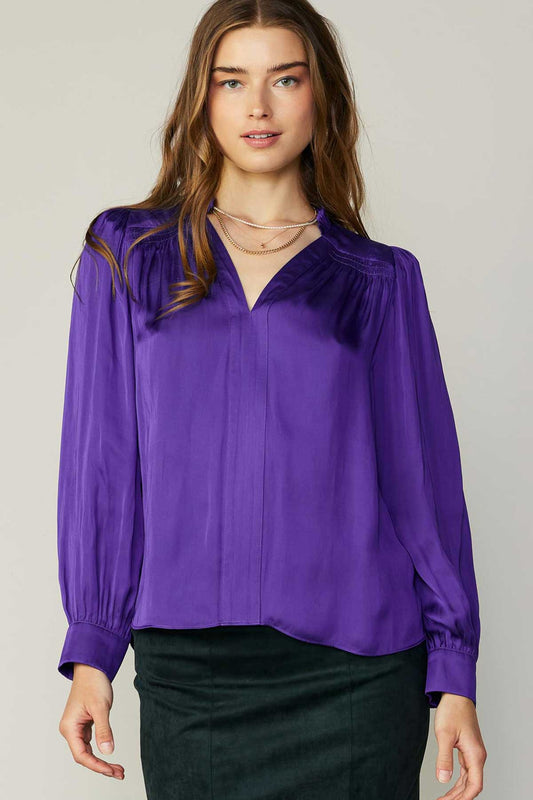 shoulder & back smocked vneck blouse