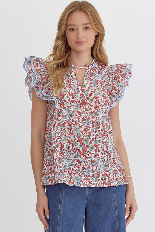 Red Short Sleeve Floral With Blue Trim