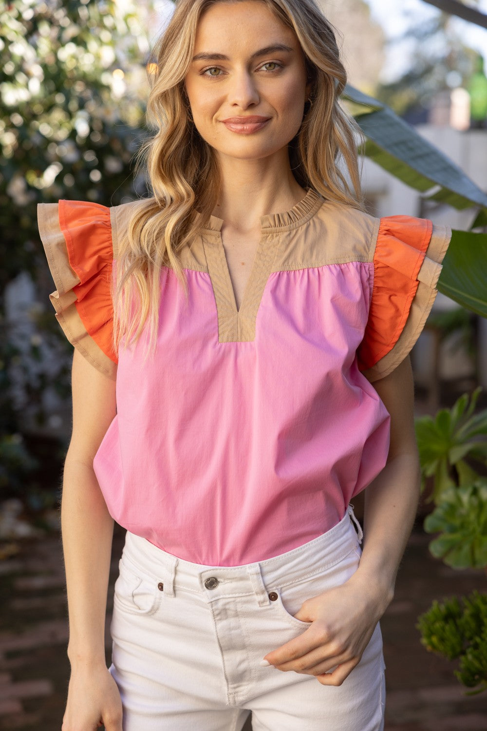 Color Block Placket Poplin Top