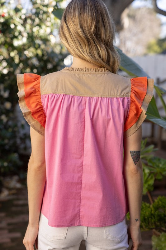 Color Block Placket Poplin Top