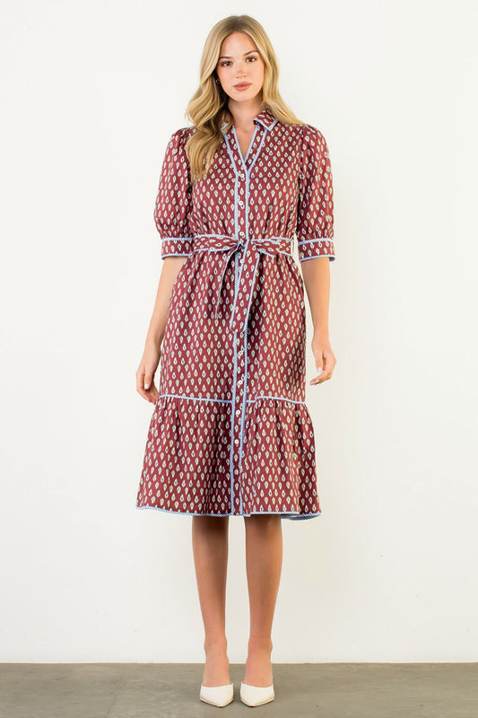 Puff Sleeve Print Midi Dress