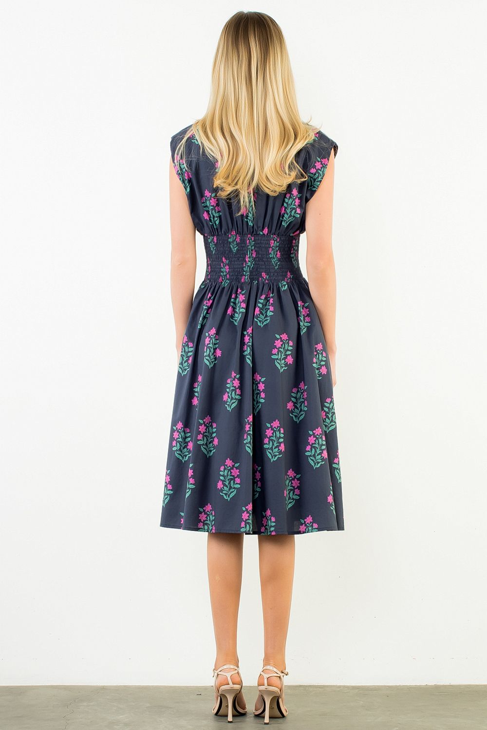 Floral Smocked Waist Zipper Midi
