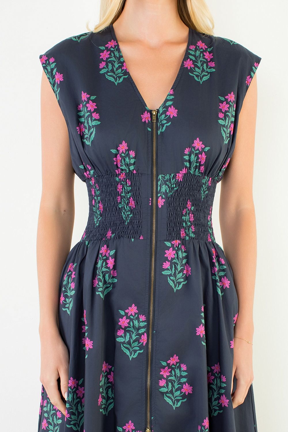 Floral Smocked Waist Zipper Midi