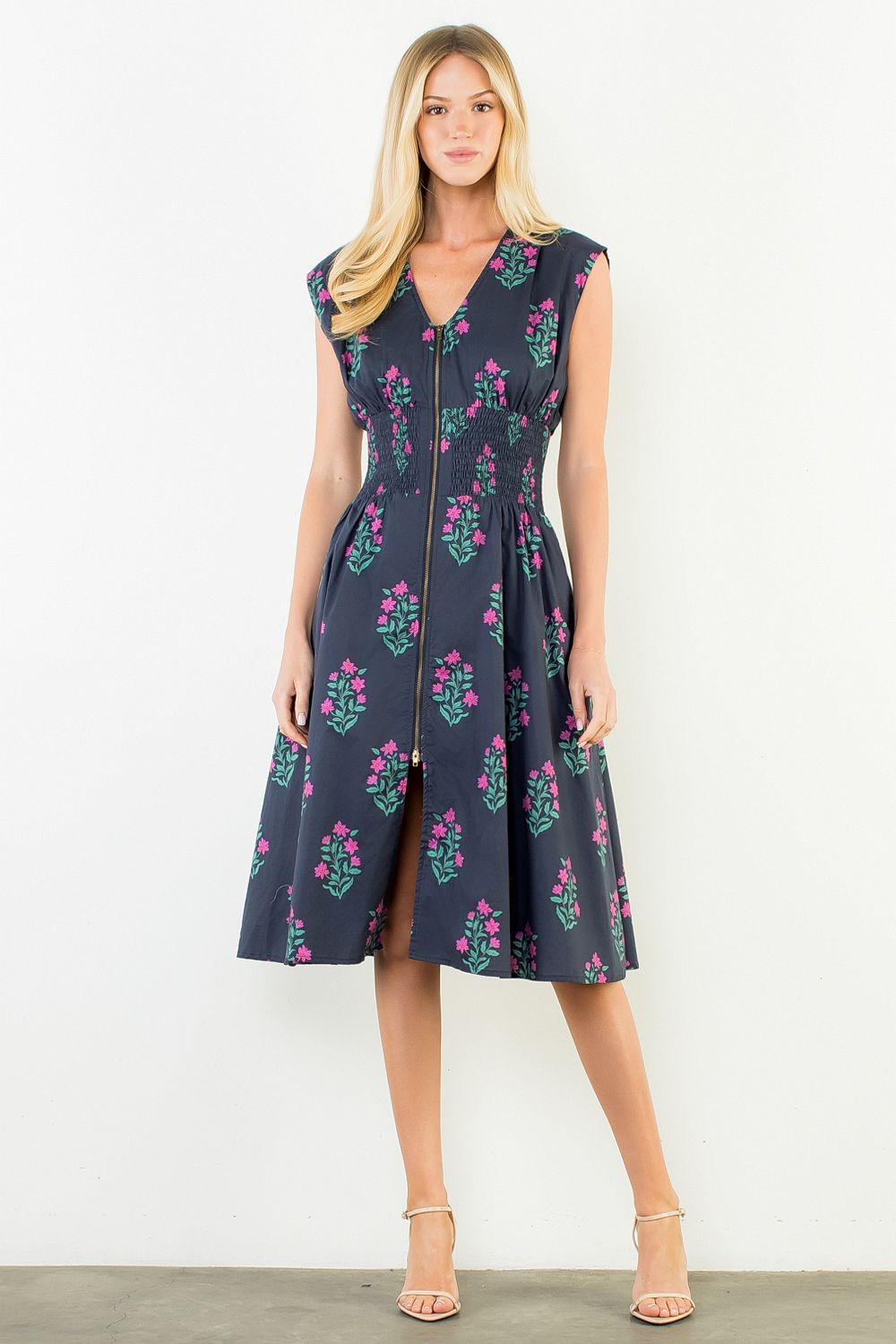 Floral Smocked Waist Zipper Midi